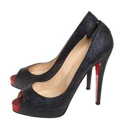 Pre Owned Christian Louboutin Grey Glitter Lady Peep Peep Toe Platform Pumps Size 40