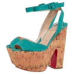 Pre Owned Christian Louboutin Blue Suede Super Dombasle Platform Cork Wedge Ankle Strap Sandals Size 36