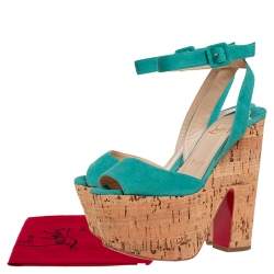 Pre Owned Christian Louboutin Blue Suede Super Dombasle Platform Cork Wedge Ankle Strap Sandals Size 36