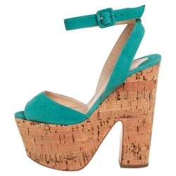 Pre Owned Christian Louboutin Blue Suede Super Dombasle Platform Cork Wedge Ankle Strap Sandals Size 36