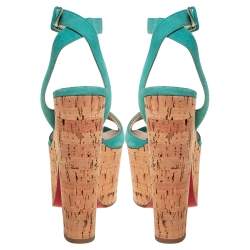 Pre Owned Christian Louboutin Blue Suede Super Dombasle Platform Cork Wedge Ankle Strap Sandals Size 36