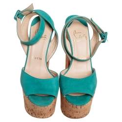 Pre Owned Christian Louboutin Blue Suede Super Dombasle Platform Cork Wedge Ankle Strap Sandals Size 36