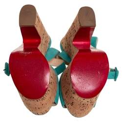 Pre Owned Christian Louboutin Blue Suede Super Dombasle Platform Cork Wedge Ankle Strap Sandals Size 36