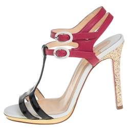 Pre Owned صندل كريستيان لوبوتان جلد غليتر ثلاثي اللون بحزام للكاحل مقاس 35