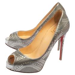 Pre Owned Christian Louboutin Silver Leather Suellena Laser Cut Peep Toe Pumps Size 37