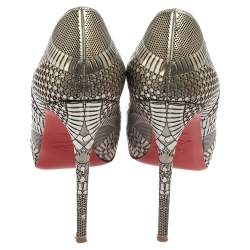 Pre Owned Christian Louboutin Silver Leather Suellena Laser Cut Peep Toe Pumps Size 37