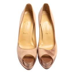 Christian Louboutin Beige Satin Palais Royal Peep Toe Platform Pumps Size 37.5 