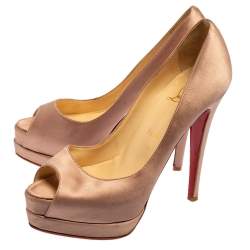 Christian Louboutin Beige Satin Palais Royal Peep Toe Platform Pumps Size 37.5 