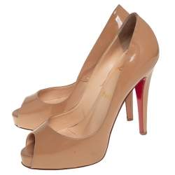 Pre Owned Christian Louboutin Beige Patent Leather Lady Peep Platform Pumps Size 37