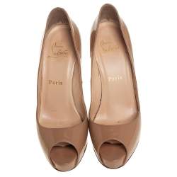 Pre Owned Christian Louboutin Beige Patent Leather Lady Peep Platform Pumps Size 37