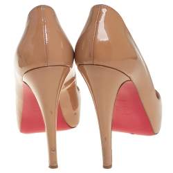 Pre Owned Christian Louboutin Beige Patent Leather Lady Peep Platform Pumps Size 37