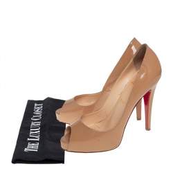 Pre Owned Christian Louboutin Beige Patent Leather Lady Peep Platform Pumps Size 37