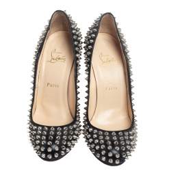 Pre Owned Christian Louboutin Black Leather Fifi Spikes Round Toe Pumps Size 39