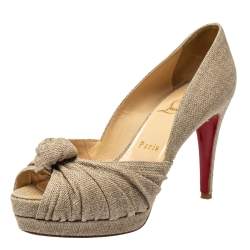 Pre Owned Christian Louboutin Beige Canvas Artesur Knotted Peep Toe Platform Pumps Size 37