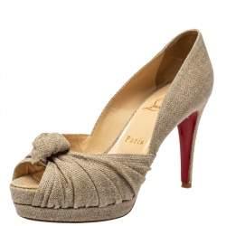 Pre Owned Christian Louboutin Beige Canvas Artesur Knotted Peep Toe Platform Pumps Size 37