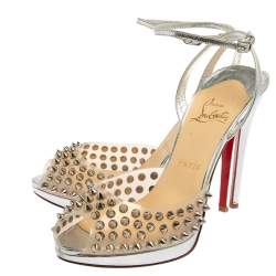 مملوكة مسبقًا Christian Louboutin Sliver PVC And Leather Spike Ankle Strap Sandals Size 37.5