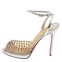 مملوكة مسبقًا Christian Louboutin Sliver PVC And Leather Spike Ankle Strap Sandals Size 37.5