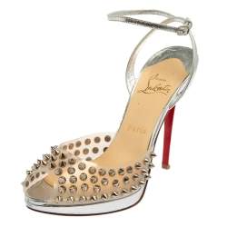 مملوكة مسبقًا Christian Louboutin Sliver PVC And Leather Spike Ankle Strap Sandals Size 37.5