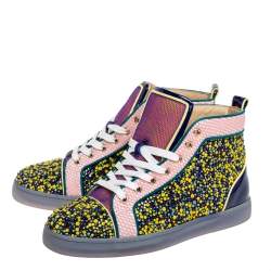 Christian Louboutin Multicolor Mesh And Patent Leather Crystal Embellished High Top Sneakers Size 39