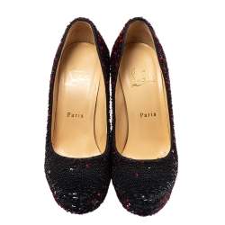 Pre Owned Christian Louboutin Black/Red Sequins Bianca Platform Pumps Size 37.5