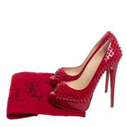 Pre Owned Christian Louboutin Red Patent Lady Peep Toe Spikes Platform Pumps Size 37