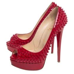 Pre Owned Christian Louboutin Red Patent Lady Peep Toe Spikes Platform Pumps Size 37