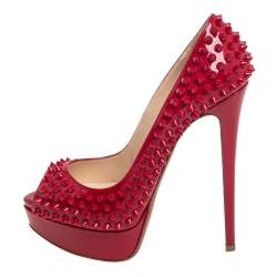 Pre Owned Christian Louboutin Red Patent Lady Peep Toe Spikes Platform Pumps Size 37