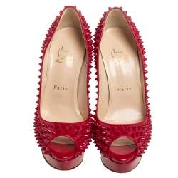 Pre Owned Christian Louboutin Red Patent Lady Peep Toe Spikes Platform Pumps Size 37