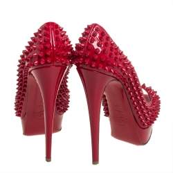 Pre Owned Christian Louboutin Red Patent Lady Peep Toe Spikes Platform Pumps Size 37