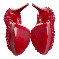 Pre Owned Christian Louboutin Red Patent Lady Peep Toe Spikes Platform Pumps Size 37