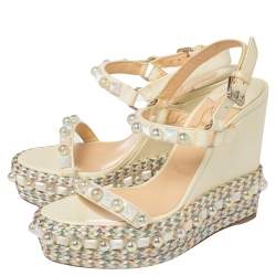 Pre Owned Christian Louboutin Cream Patent Leather Cataconico Embellished Wedge Platform Ankle Strap Sandals Size 38