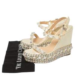 Pre Owned Christian Louboutin Cream Patent Leather Cataconico Embellished Wedge Platform Ankle Strap Sandals Size 38