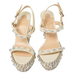 Pre Owned Christian Louboutin Cream Patent Leather Cataconico Embellished Wedge Platform Ankle Strap Sandals Size 38