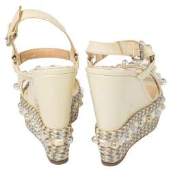 Pre Owned Christian Louboutin Cream Patent Leather Cataconico Embellished Wedge Platform Ankle Strap Sandals Size 38