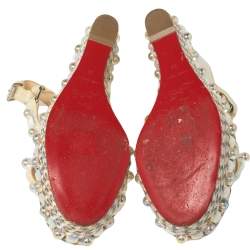 Pre Owned Christian Louboutin Cream Patent Leather Cataconico Embellished Wedge Platform Ankle Strap Sandals Size 38