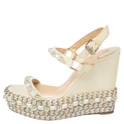 Pre Owned Christian Louboutin Cream Patent Leather Cataconico Embellished Wedge Platform Ankle Strap Sandals Size 38