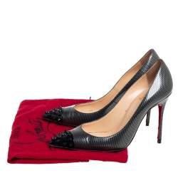 Pre Owned Christian Louboutin Dark Grey Leather Geo Spiked Pointed Toe Pumps Size 36.5