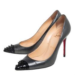 Pre Owned Christian Louboutin Dark Grey Leather Geo Spiked Pointed Toe Pumps Size 36.5