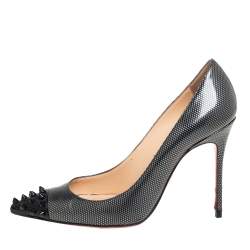 Pre Owned Christian Louboutin Dark Grey Leather Geo Spiked Pointed Toe Pumps Size 36.5