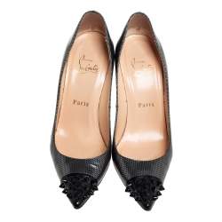 Pre Owned Christian Louboutin Dark Grey Leather Geo Spiked Pointed Toe Pumps Size 36.5