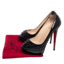 Pre Owned Christian Louboutin Black Patent Spike Lady Peep Toe Platform Pumps Size 39