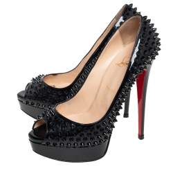 Pre Owned Christian Louboutin Black Patent Spike Lady Peep Toe Platform Pumps Size 39