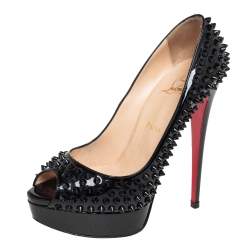 Pre Owned Christian Louboutin Black Patent Spike Lady Peep Toe Platform Pumps Size 39