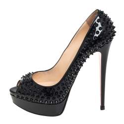 Pre Owned Christian Louboutin Black Patent Spike Lady Peep Toe Platform Pumps Size 39