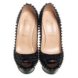 Pre Owned Christian Louboutin Black Patent Spike Lady Peep Toe Platform Pumps Size 39