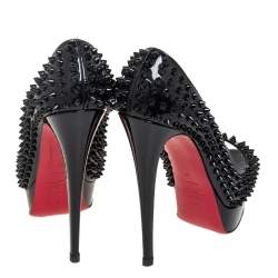 Pre Owned Christian Louboutin Black Patent Spike Lady Peep Toe Platform Pumps Size 39