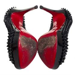 Pre Owned Christian Louboutin Black Patent Spike Lady Peep Toe Platform Pumps Size 39