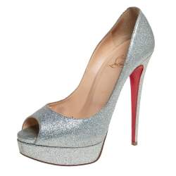 Pre Owned Christian Louboutin Multicolor Glitter Leather Lady Peep Toe Platform Pumps Size 39