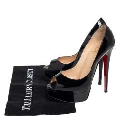 مملوكة مسبقًا حذاء كعب عالي كريستيان لوبوتان ليدي جلد أسود لامع مقدمة مفتوحة مقاس 35.5