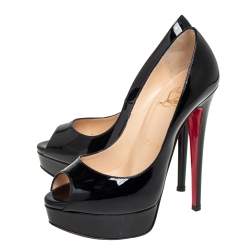 مملوكة مسبقًا حذاء كعب عالي كريستيان لوبوتان ليدي جلد أسود لامع مقدمة مفتوحة مقاس 35.5